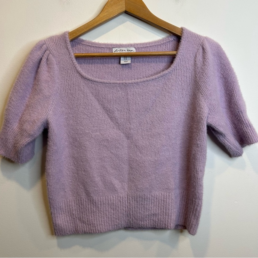 London Kaye Short Puff Sleeve Fuzzy Sweater Purple
